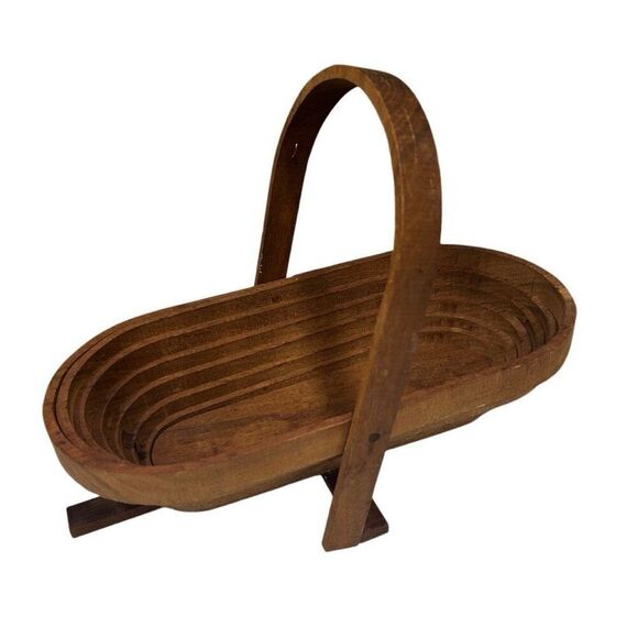 Paul Wright Collapsible Brown Wooden Basket With Handle Oval Shaped Storage - Picture 2 of 12
